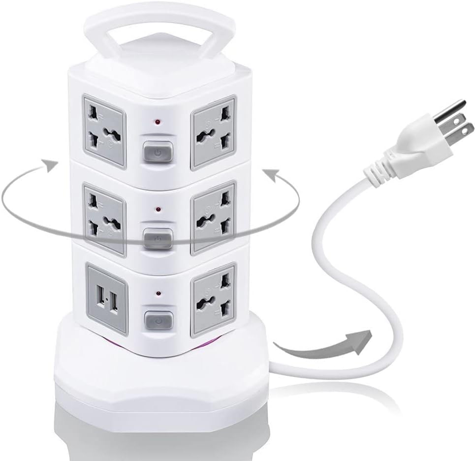 Tower Power Board Surge Protector Vertical Multi-Socket 7/11/15/19 Way Universal Socket Plug Socket 2 USB 3m Extension Cord(3 Layers 2USB,EU Plug)