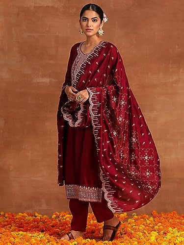 Image of INDO ERA Silk Blend Women's Embroidered Straight Kurta Trouser With Dupatta Set