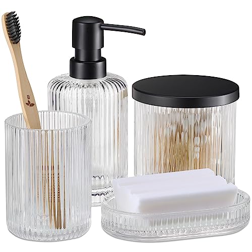 Navaris Set de baño de Cristal - Set baño Accesorios con 1x dispensador 1x Vaso 1x jabonera y 1x algodonero - Vidrio Transparente y Negro metálico
