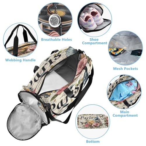 YETTASBIN Sport Travel Duffel Bag for Girls Boys, Vintage Paris Poster Large Waterproof Weekender Overnight Bag, Detachable Shoulder Strap Gym Bag with Shoe Compartment & Wet Pocket4