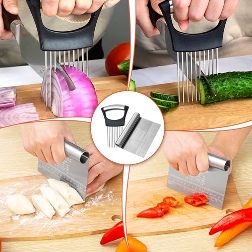 Bench-Scraper-Dough-Chopper-Onion-Holder-for-Slicing-Slicer-Onion-Cutter-with-Protective-Cover-and-Anti-Slip-Handle-Stainless-Steel-Chopper-for-Potato-Tomato-Avocados-Eggs-Vegetable-Onions