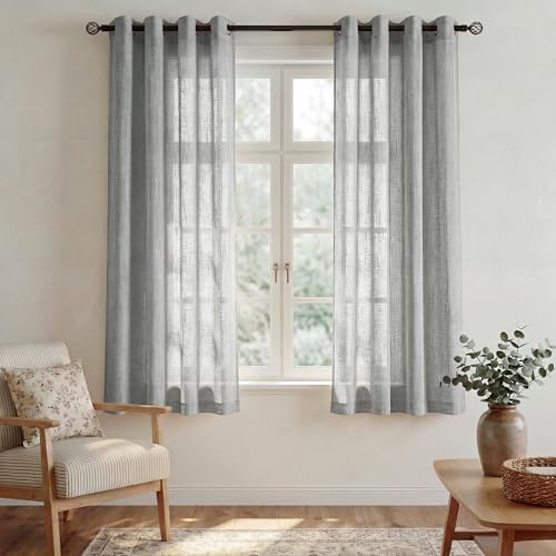 PONY DANCE Rideau Voilages Gris - Lot de 2 Rideaux Panneaux Voile en Lin Motif de Croix Draperies Souple pour Fenêtre Salon & Hôtel, 132 cm L sur 137 H, Gris...