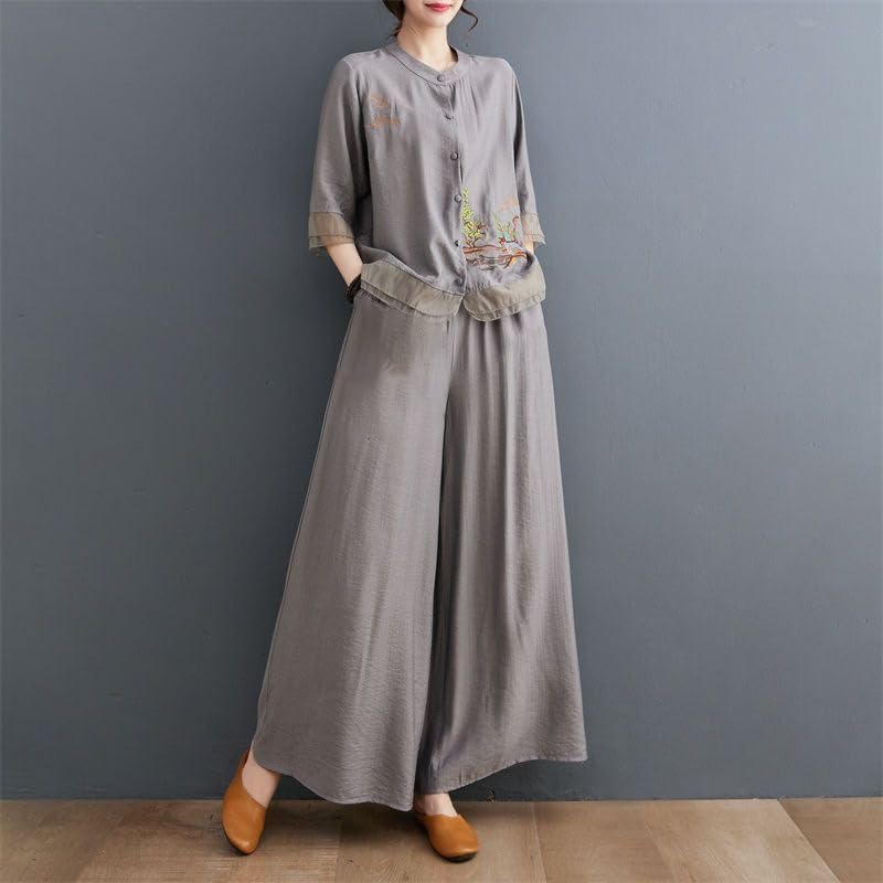Women Embroidered Two Piece Set Cotton Linen Top Pants Loose Fit Summer Outfit