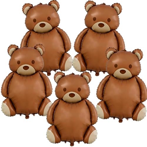 5 Pcs Brown Bear Balloons 35 Inch Bear Foil Balloons Jungle Animal Farm Balloon for Birthday Baby Shower Safari Zoo Woodland Themed Party Decoration
