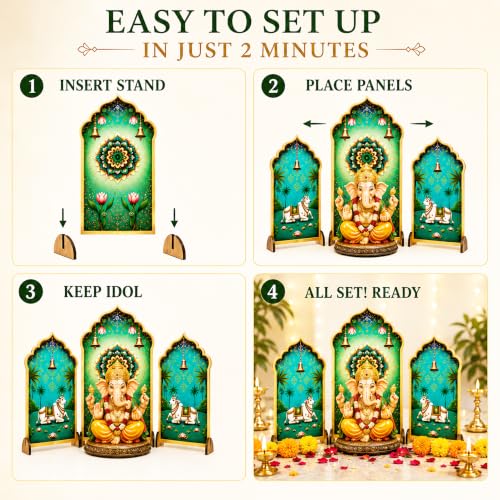 Image of Ganpati Decoration Setup for Home, Premium MDF Ganesh Chaturthi Backdrop Stand, 3 Panel Traditional Mandap Decor for Pooja, Aarti, Festival & Housewarming, Suitable for up to 12 Inches Ganpati.