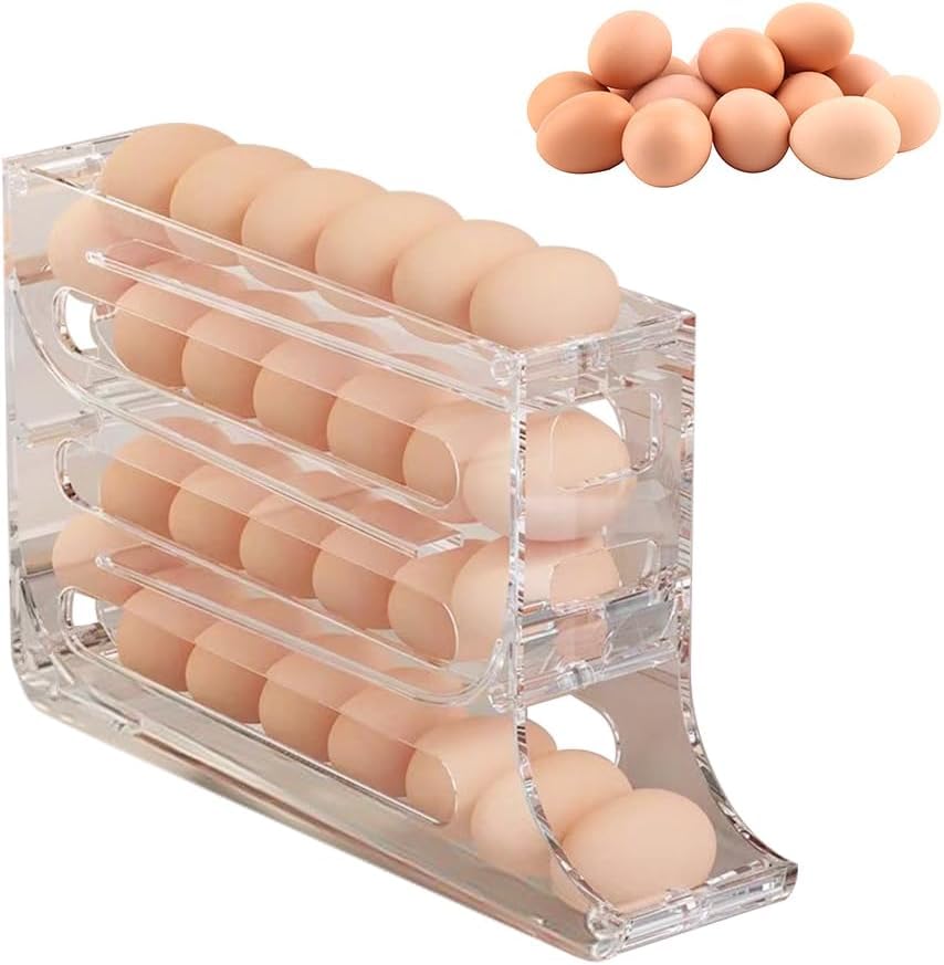 4 Tier Egg Holder for Refrigerator, Automatic Scrolling Egg Rack Holder, Space Saving Egg Dispenser with Automatic Rolling, Egg Organiser, Storage of 30 Eggs (Transparent)