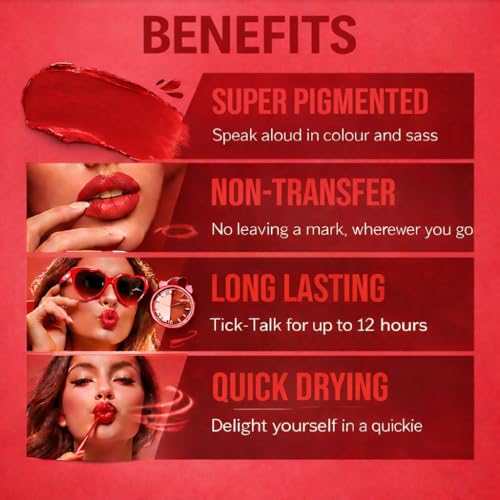 Image of ENIRA Blood Red Liquid Lipstick for Women | 4ml | Matte Liquid Lipstick | Waterproof | Transfer Proof | Smudge Proof | Long Lasting | Highly Pigmented | Vitamin E | Lightweight Non-Sticky Formula