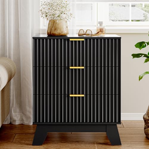 Image of HUANLEGO Fluted Nightstand with 3 Drawer for Bedroom, Black | Mid Century Modern Beside Table with Metal Handle, Wooden End Table with 3 Drawers for Living Room, Closet, Entryway