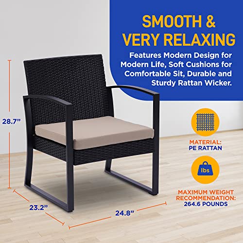 Patio Outdoor Rattan Furniture Set, 3 Pcs Per Set, Includes 2 Single Chairs with Soft Cushion and 1 Glass top Coffee Table, Black Weather Resistant Resin Wicker Rattan - Image 3