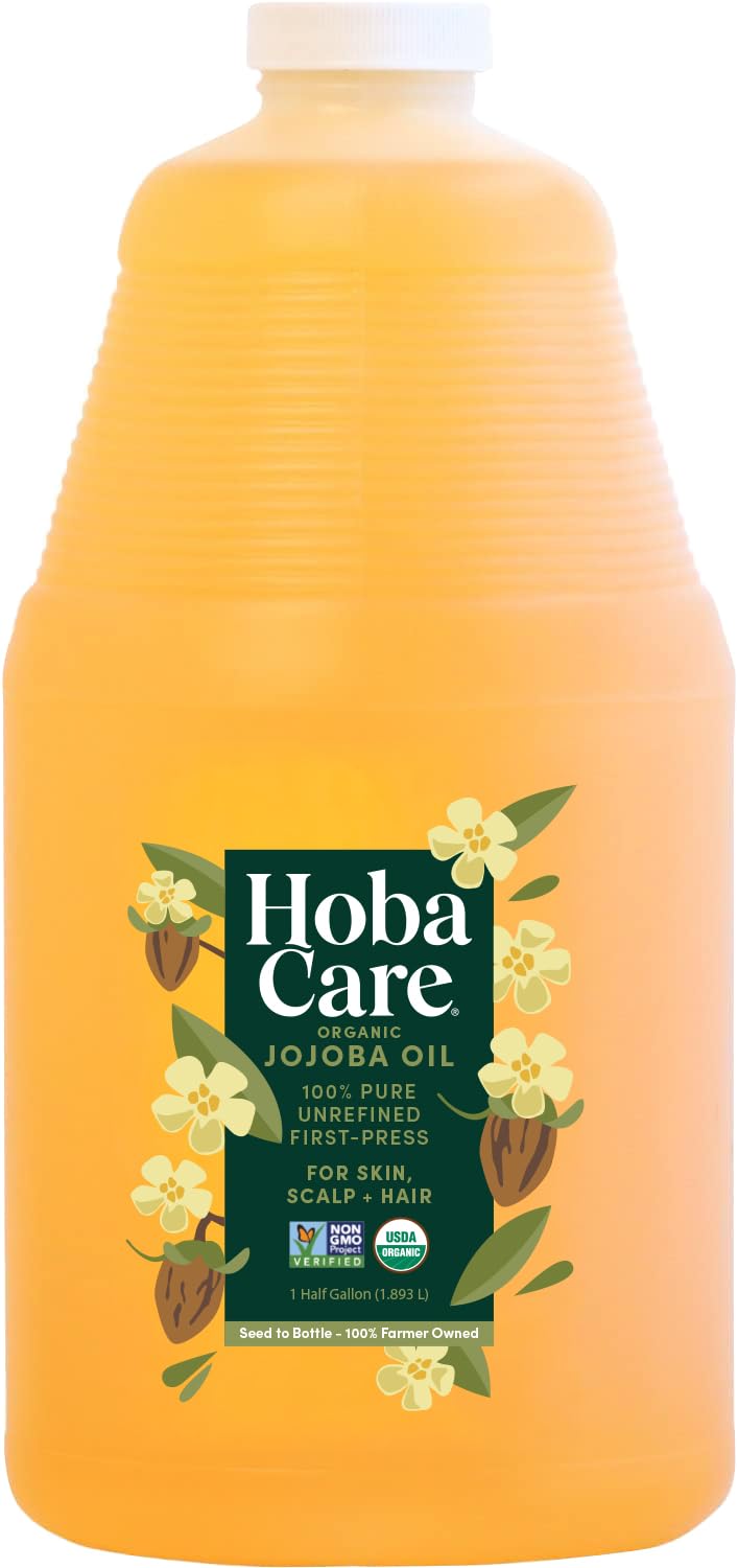HobaCare Bulk Cold Pressed Organic Jojoba Oil - Natural 100% Pure Hexane Free Unrefined Carrier Oil for Skincare, Beard, Hair, Face, Scalp Massage, Bath, Facial (64 oz Half Gallon)