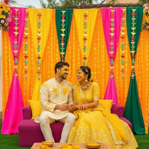 Image of Party Propz Ganpati Decoration Setup for Home - 18Pcs Ganpati Decoration Items with Triangle Hanging, Fairy Light, Varamahalakshmi Decorative Items, Backdrop Cloth for Decoration Pooja (Net Curtain)