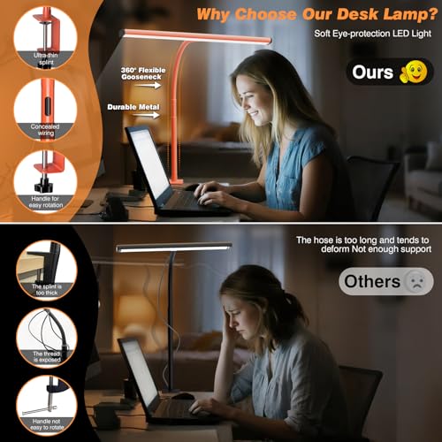 Image of Airlonv LED Desk Lamp for Office Home, Eye-Caring Desk Light with Stepless Dimming Adjustable Flexible Gooseneck, 10W USB Adapter Desk Lamp with Clamp for Reading, Study, Workbench (Orange)