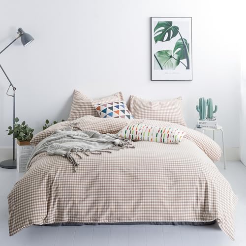 SUSYBAO Tan Gingham Duvet Cover King 100% Washed Cotton Beige Plaid Duvet Cover Set 3 Pieces 1...