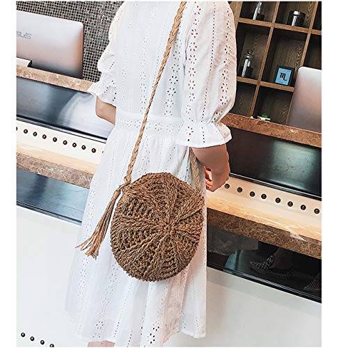 Chic Diary Women Straw Bag Crossbody Handmade Woven Summer Beach Top Zipper Shoulder Purse With Tassel (Khaki) #TOP1