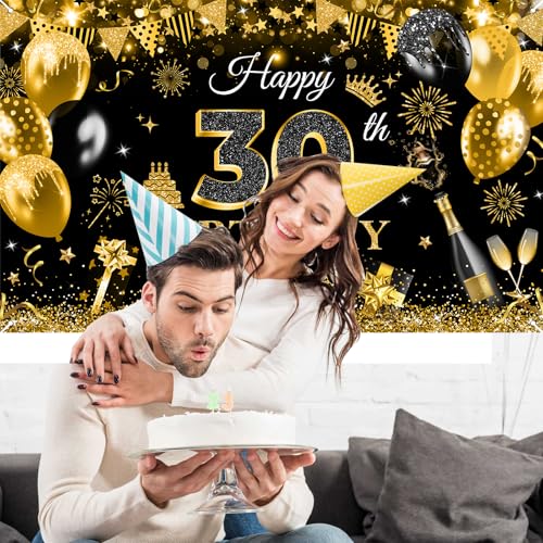 Image of Avezano Happy 30th Birthday Banner for Men Black and Gold Glitter Balloon 30 Birthday Party Backdrop 30 Year Old Bday Photo Backdrop Party Supplies 70.8 x 43.3 Inch