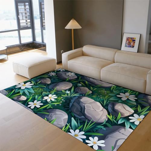 Tapis vert botanique 60x180cm antidérapant avec fleurs blanches de printemps - 4