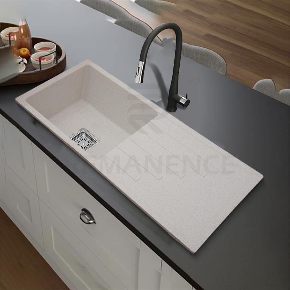 REMANENCE Granite Quartz Matt Single Bowl Kitchen Sink With Drain Board | Flu...