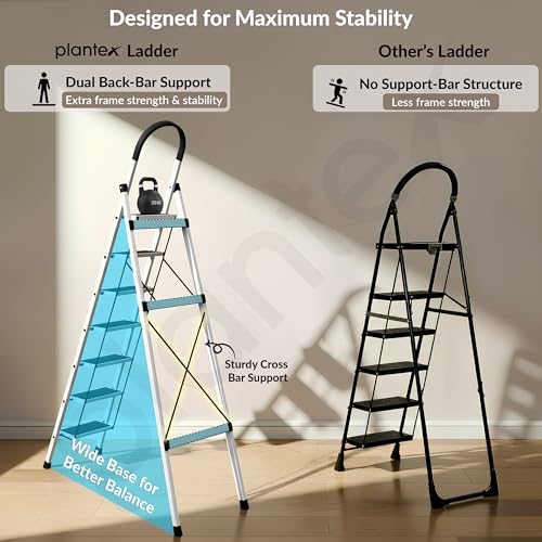 Plantex Ladder for Home 7 Steps/Foldable Ladder with Anti-Skid Wide Steps (30L x 20W cm)/Strong D-Shape Pipe with X-Support for More Stability/5 Year Warranty(Apex-White) - Image 5