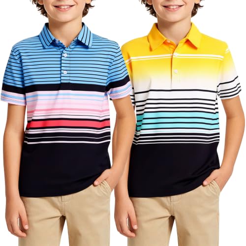 Kids4ever 2 Pack Boys Short Sleeve Polo Shirt Print Golf Casual Collared Shirts Funny Sport Clothes Black Blue Yellow Gradient Stripes Soccer Tops 9-10Y