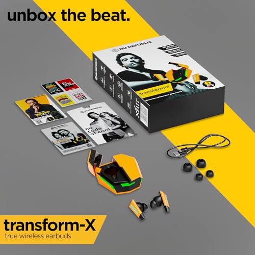 Image of Nu Republic Transform-X with X-Bass, ENC Technology, 60 Hrs Playtime, TWS with Mic and Hall Sensor, Fast Charge, Dual Mode TWS Earbuds - Yellow