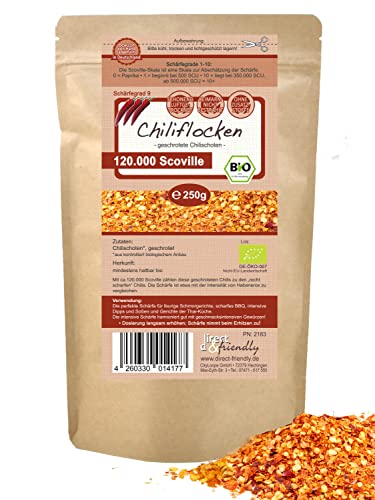 direct&friendly Bio Chili getrocknet extra scharf geschrotet Chiliflocken 120.000 Scoville (250 g) Cover