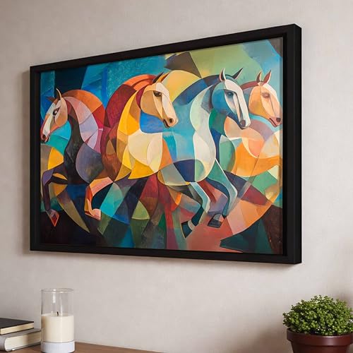 Image of Abstract 4 Running Horses Vastu Framed Wall Art Painting For Living Room| Horse Painting With Frame Symbol of Progress & Harmony Wall Art for Home & Office, 10x12 Inch