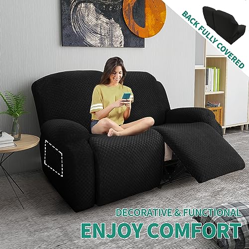 Image of YEMYHOM 6 Pieces Stretch Loveseat Recliner Slipcover Jacquard Recliner Sofa Cover with Side Pocket Fitted Recliner Cover Couch Furniture Protector with Elastic Bottom (Loveseat Recliner, Black)
