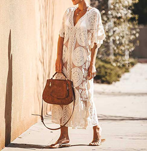 Bestyyou Women's Lace Kaftan Long Maxi Dress Beachwear Bikini Swimsuit Caftan Cover Up Swimwear (White C) #TOP2