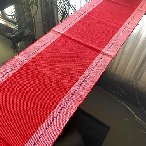 Image of Rangbhar Handloom Ribbed Cotton Table Runner for Living /Dining Room /Home Decor, Anti Skid, Reversible, Machine Washable, 12 X 72 inches, Striped, Red Pink