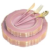 Nervure Mauve Pink Plastic Plates 100 Packed - Mauve and Gold Disposable Plates & Gold Plastic...