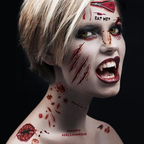 Image of XIYOKA 30 Sheets 220+ PCS Halloween Fake Scars Tattoos Temporary, Chucky Zombie Makeup Kit, Realistic Halloween Face Stitch Scar Makeup Tattoos Stickers Masquerade Prank Makeup Props