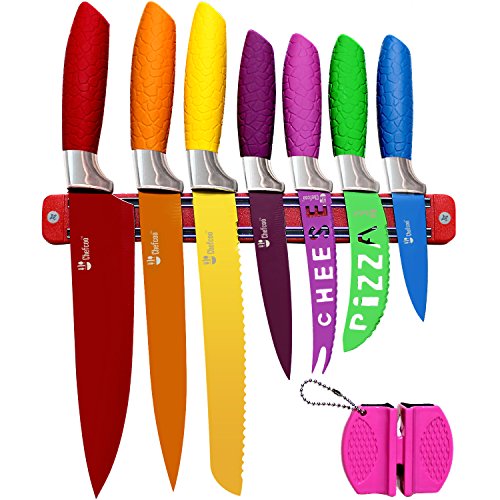 Chefcoo Kitchen Knife Set Plus Magnetic Strip and Sharpener One Cutlery Knives-Best Color Cooking Gadgets-Includes Cheese, Pizza, Paring, 14.5 x 10.9 x 1.5 inches, Red, Yellow, Blue, Green, Pink