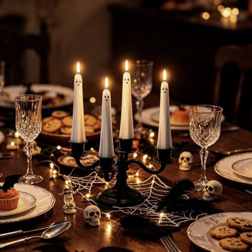 Image of Ghost Flameless LED Taper Candles Battery Operated Remote Timer | Ghost Light Flameless Candlesticks, Long Lasting Real Wax 3D Wick Flickering, Cute Halloween Decor, 0.79 inchD x 9.5 inchH, 4 Pack