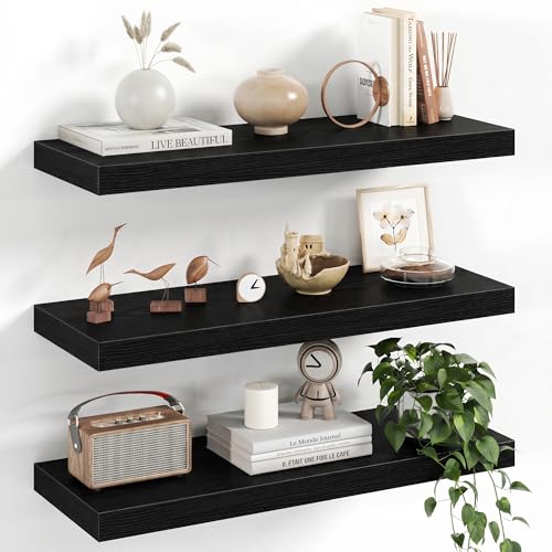 Image of Fun Memories 24 Inch Floating Shelves - 8 Inch Deep Rustic Black Wooden Wall Shelves - Extra Deeper & Thicker Wall Mounted Storage Shelf for Bedroom, Kitchen, Farmhouse, Black - Set of 3