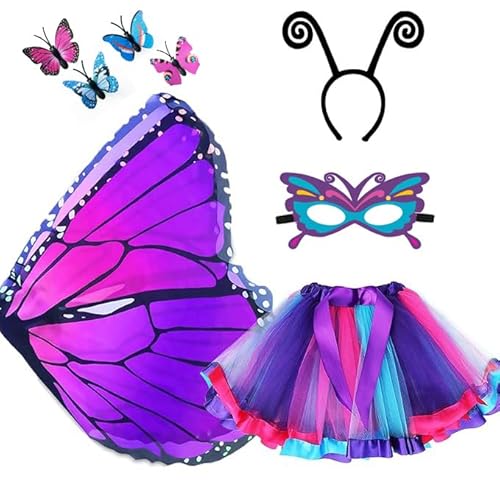 Aimeiar Kids Butterfly Wings Costume for Girls Toddler rainbow butterfly costume for girls 2025 Halloween costume Set with Mask,Antenna Headband And Butterfly Clips