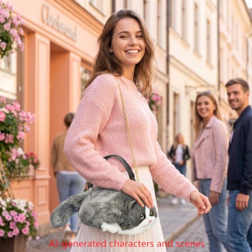 Image of Realistic Puffy Plush Cat Shaped Crossbody Handbag for Women