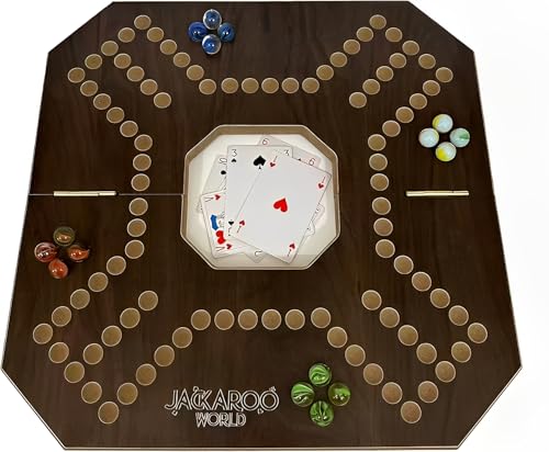 Jokers and Marbles Board Game 2-4 Player Wooden Carbles Strategy Game with Cards Foldable Walnut Game Board with Marbles & Full Deck Marble Chase Game for Family & Party Fun 30 * 30CM