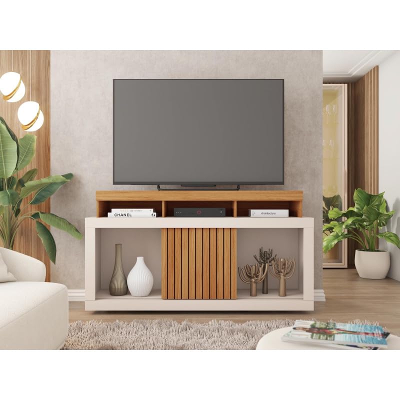 Meuble TV 55 Pouces Chêne et Blanc Ecru 1 Porte 6 roulettes L 136 H 74 P 39 cm