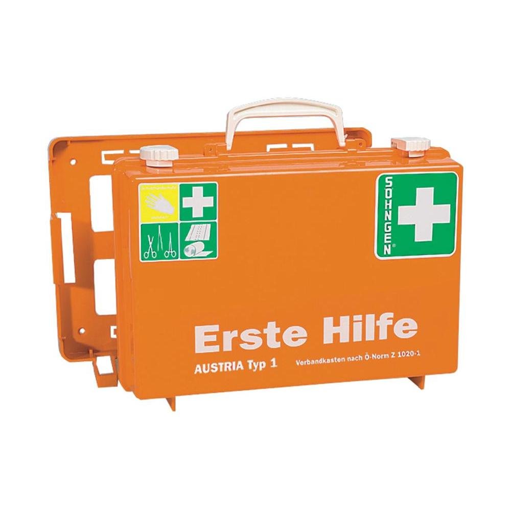 Söhngen Maleta de primeros auxilios Austria tipo 1 (caja de primeros auxilios, subdivisión, fijación a la pared, relleno, vendaje de heridas, manta de rescate, embalaje estéril de 20 años), color naranja, 0390138