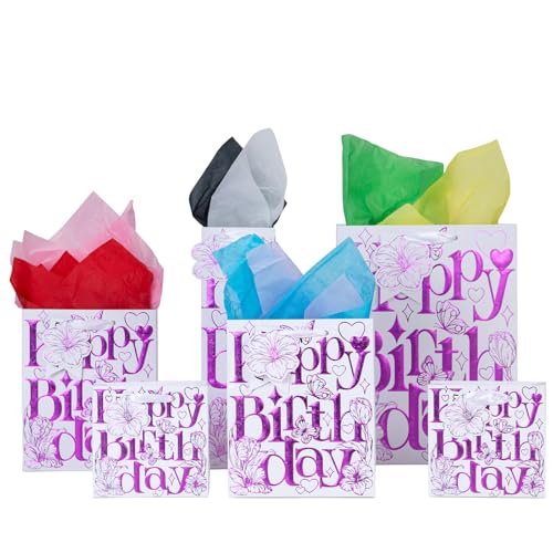 Birthday Gift Bags 6-Pack Kraft Paper with Gold Foil 3D Design - Assorted Sizes for Different Gifts Includes Bonus Multi-Color Wrapping Paper | Perfect for Friends Colleagues Family & Parents | Reusable Party Favors for Birthdays & Celebrations (Purple)