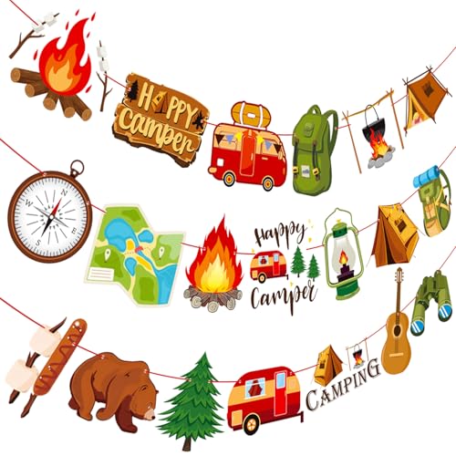 Camping Party Banners Camping Theme Party Decorations 2PCS Happer Camper Cutout Banners Outdoor Camp Out Birthday Decorations for Bear Campfire Tent Adventure Baby Shower Supplies