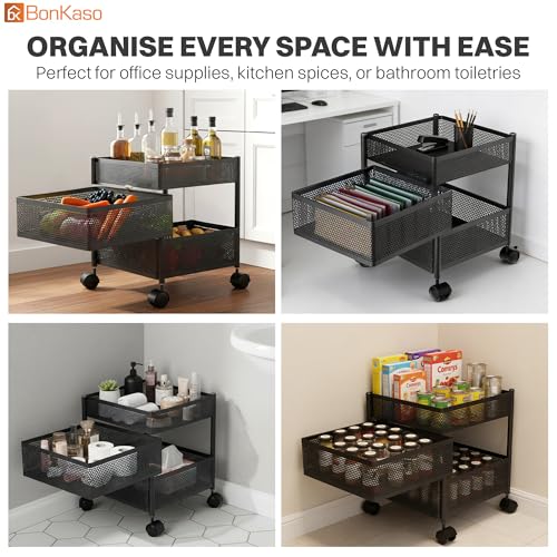 Image of BonKaso 3-Layer Multipurpose Kitchen Trolley with Swivel Storage Basket & 360 Rotating Wheels, Black Steel Frame, Easy Mobility, Space-Saving and Durable