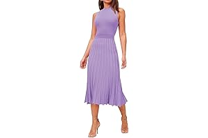 Pink Queen Women's Crew Neck Sleeveless High Waisted Bodycon Pleated Ribbed Swing...