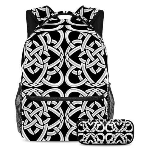Ensemble cartable motif celtique noir et sac à dos grand format avec trousse scolaire