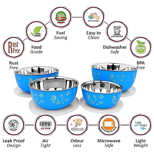 Image of Microwave Safe Stainless Steel Food Storage Container with Lid | Euro Mixing Bowl Set for Kitchen | 500ml, 800ml, 1250ml, 2000 ml | Pack of 4 | Leak-Proof (Blue Spiral 4)