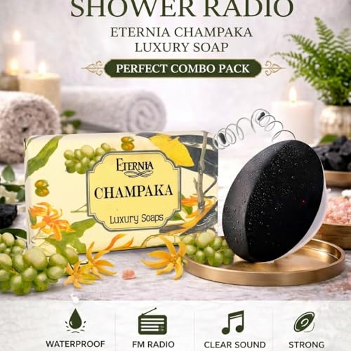 Image of Eternia Champaka Soap Bar Face & Body Cleanser with Waterproof Shower Radio | Luxury Bath Combo for Deep Cleansing, Floral Fragrance & Soft Radiant Skin