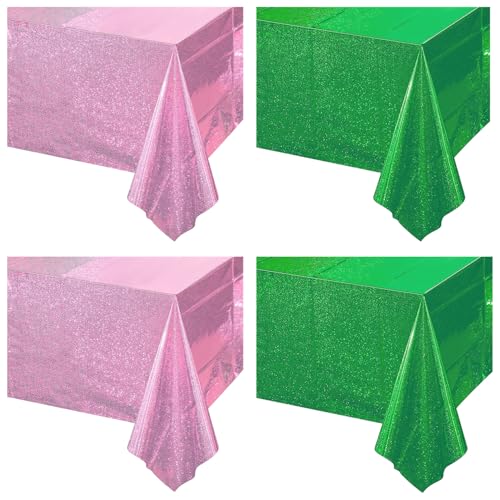 PTECDROTS 4Pcs Pink Green Holographic Tablecloths Rectangular Iridescent Tablecloth Shimmer Metallic Table Covers for Witch Green and Pink Birthday Decorations 54 x 108inch