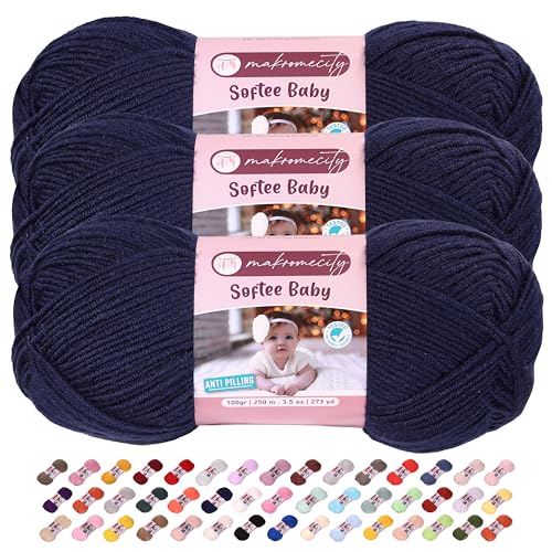 Image of Makromecity Softee Baby Yarn,%100 Premium Anti-Pilling Acrylic, 3.5 Oz, 273 yd (100gr /250 mt), Soft Yarn for Crocheting and Knitting (Royal Blue, 3 Skeins)