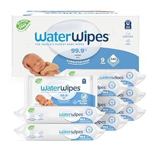 WaterWipes Plastic-Free Original-baby Wipes, 99.9% Water Based Wipes, Unscented & Hypoallergenic for Sensitive Skin, 60 Count (Pack of 9) Total 540 wipes, Packaging May Vary