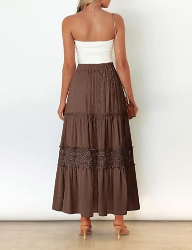 Miniatura 4 de MEROKEETY Falda larga de cintura alta plisada con volantes y ribete de encaje escalonado para mujer
